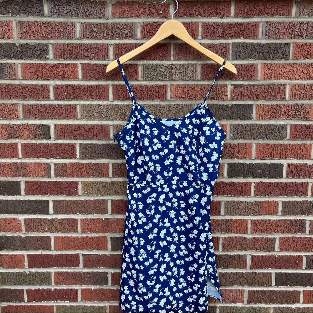 Navy Blue and White Floral Spaghetti Strap Mini Dress